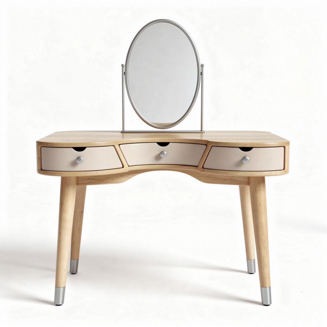 Wooden vanity table with oval mirror and three drawers 90 x 45 x 75cm