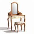 Wooden vanity set with mirror and upholstered stool in cream and brown finish
