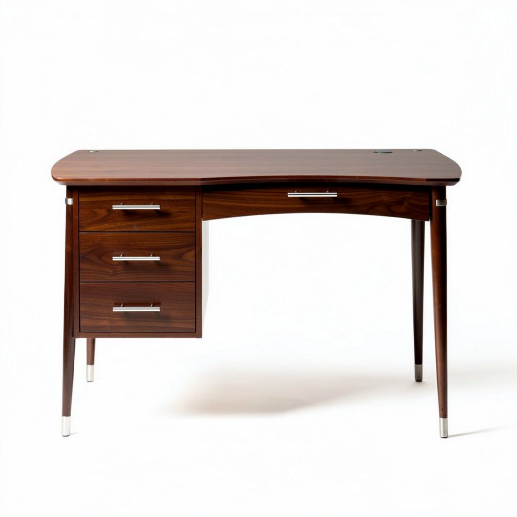 Modern walnut wood desk with three drawers and chrome accents 150 x 70 x 75cm