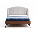 Fabric upholstered bed frame with wooden storage base in gray and blue 200 x 160 x 100cm