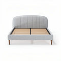 Light grey upholstered bed frame with wooden slats and mid-century legs 200 x 150 x 100cm