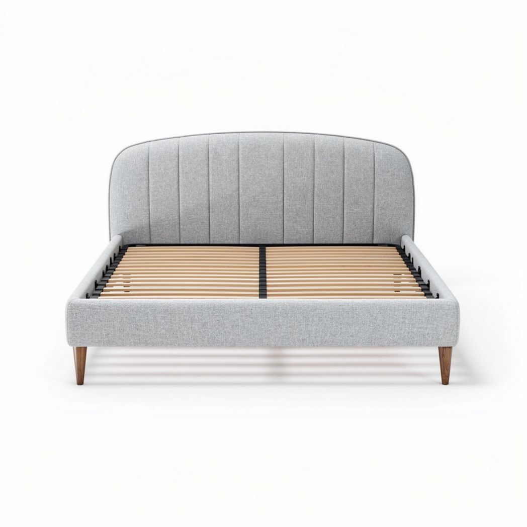 Light grey upholstered bed frame with wooden slats and mid-century legs 200 x 150 x 100cm