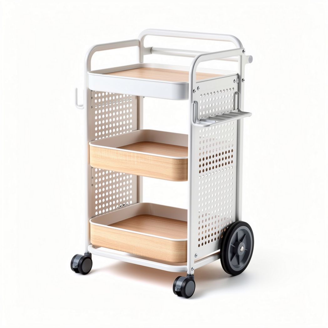 Rolling utility cart with metal frame and wooden shelves 80 x 40 x 90cm