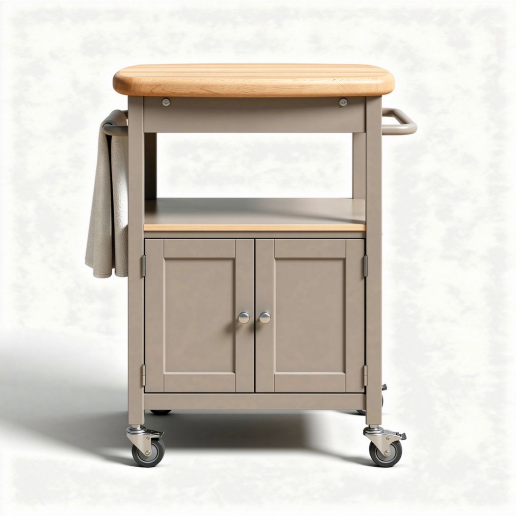 Kitchen utility cart with wooden top and storage cabinet in beige 80 x 50 x 90cm