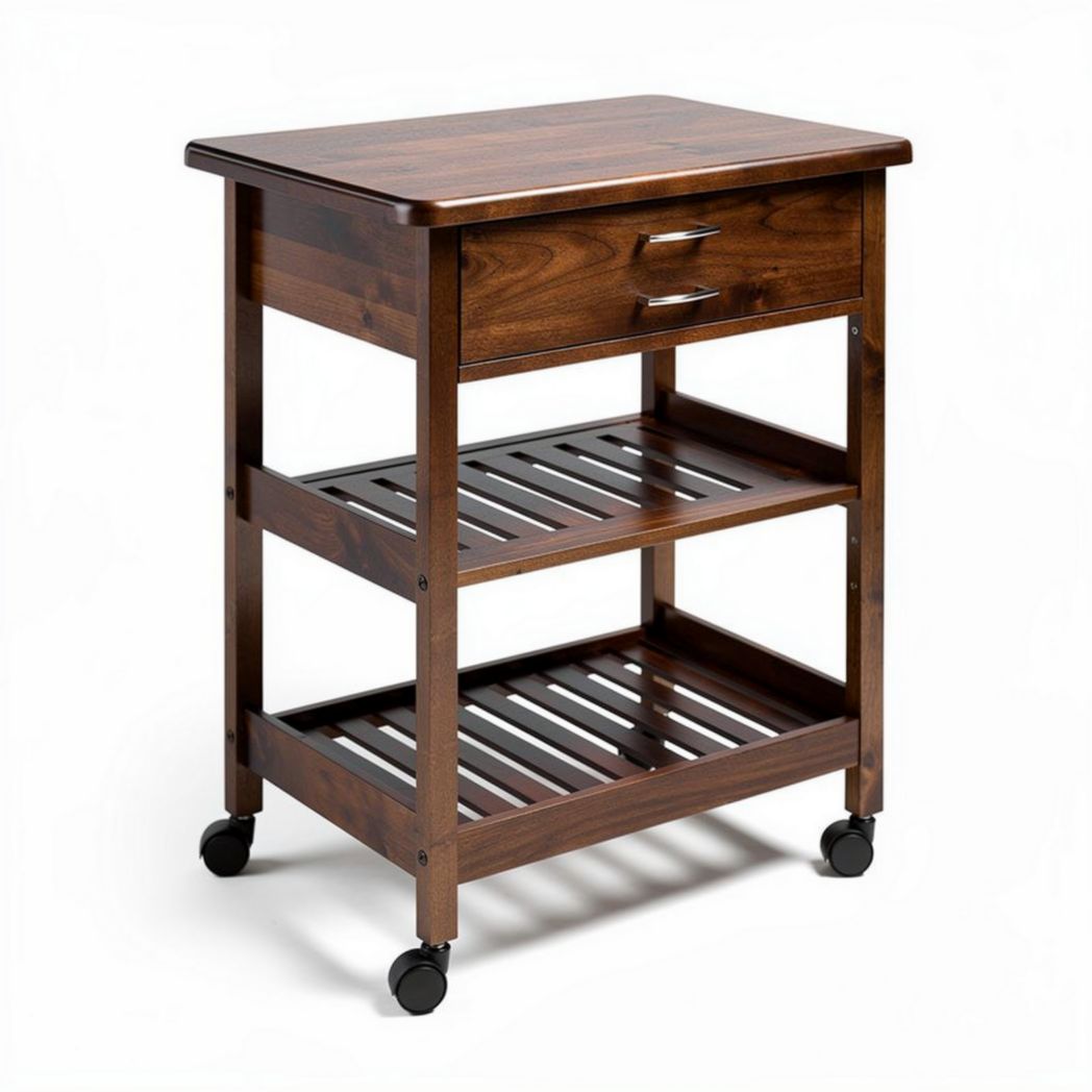 Wooden kitchen cart with two drawers and open shelves on wheels 80 x 50 x 85cm