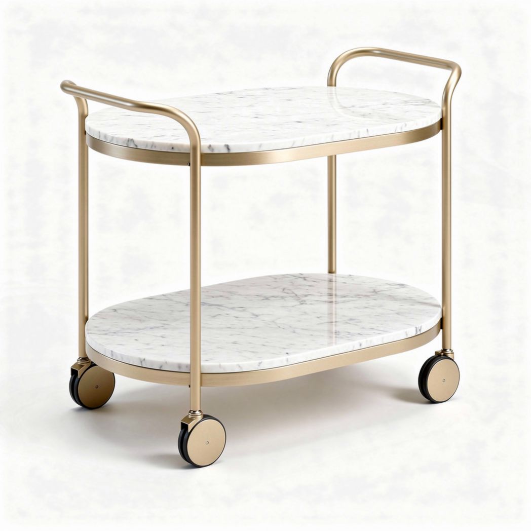 Marble top serving cart with gold metal frame and mobile wheels 80 x 40 x 80cm