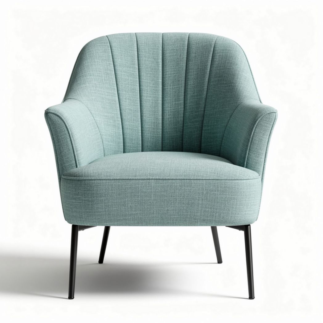 Mid-century modern accent chair in light blue fabric with black legs 80 x 70 x 80cm