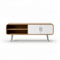 Modern wooden media console with white doors and open storage 120 x 40 x 45cm