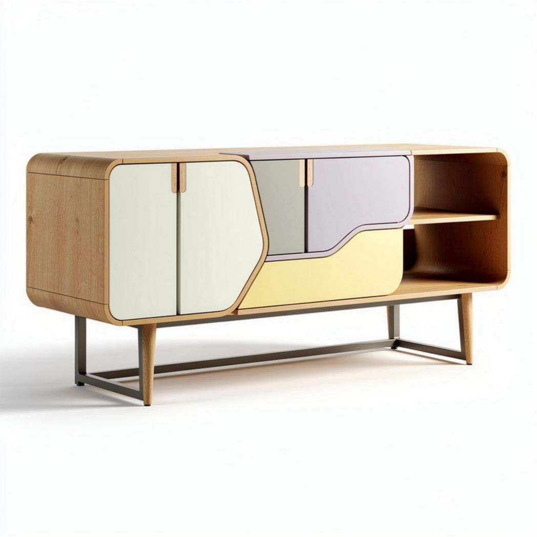 Wooden sideboard with geometric design and multiple storage compartments 150 x 40 x 70cm