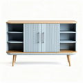 Blue wooden media console with ribbed doors and open shelves 120 x 40 x 75cm